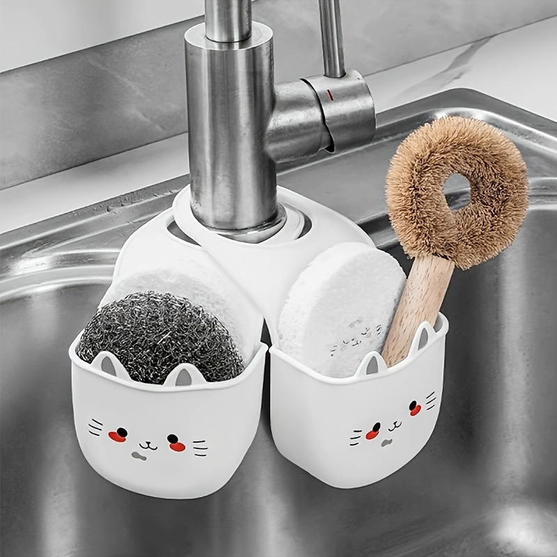 Silicone Tap Washer - Cartoon-Katzen-Korb, weicher Schnallen-Halter, Schwammhalterung, Silikon-Spülbecken-Hängebeutel, Küchen-Geschirr-Spülbecken-Aufbewahrungstasche,
